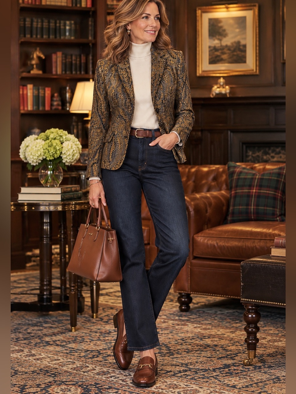 Harvé Benard Vintage Paisley Blazer Sz 12 Gold Navy Dark Academia Fall Jacket
